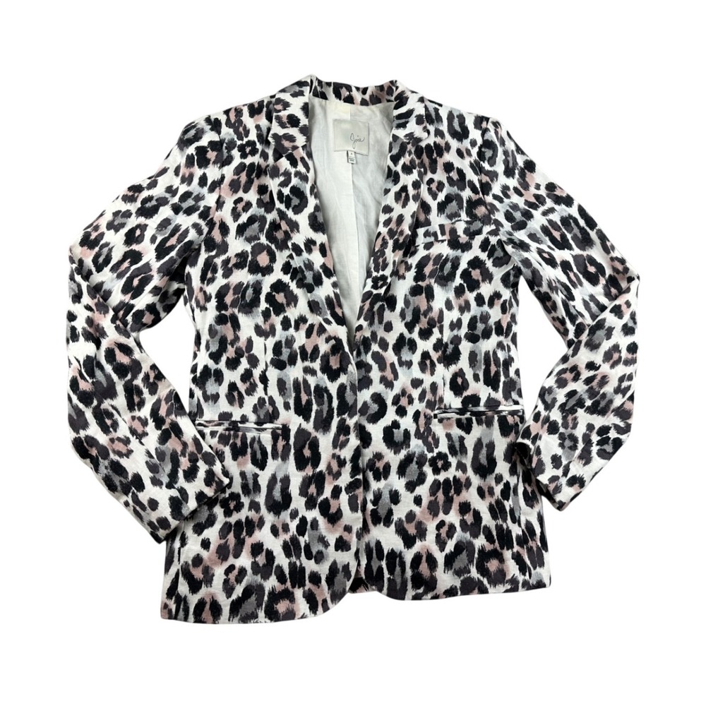 Joie Blazer Women 4 Grey Black Leopard Print Button‎ Front Pockets Notched Lapel